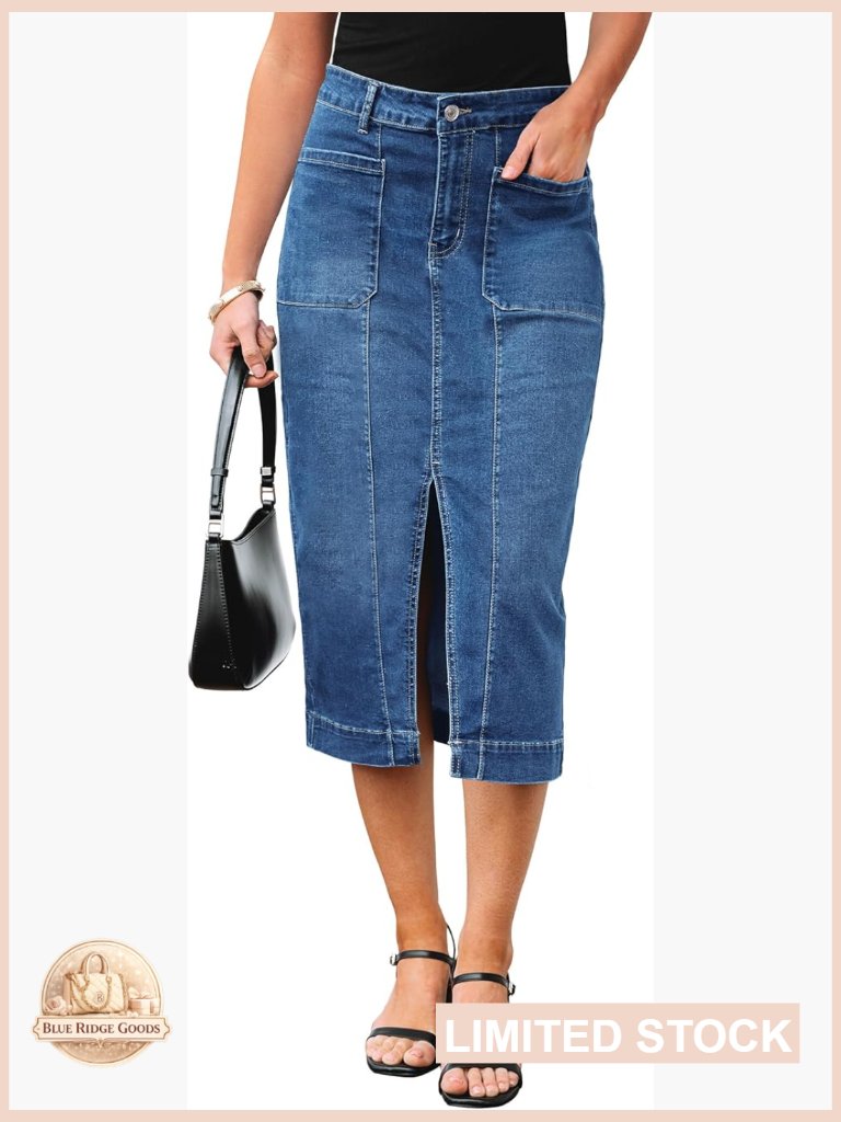 High Rise Denim Midi Skirt With Slit Stretchy Comfort Fit